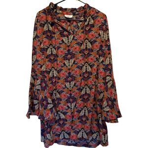 Umgee Boho Paisley Midi Shift Dress Women's Medium Red Floral Front Tie Closure